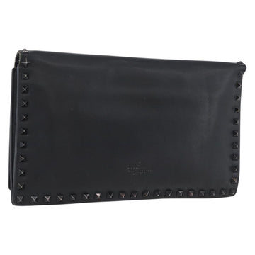 VALENTINO Clutch Bag Leather Black Auth bs33847