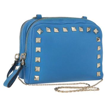 VALENTINO Chain Shoulder Bag Leather Blue Gold Auth bs33850