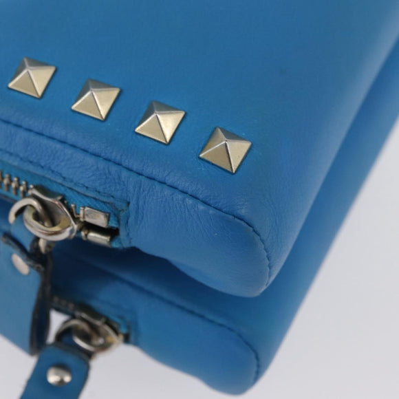 VALENTINO Chain Shoulder Bag Leather Blue Gold Auth bs33850