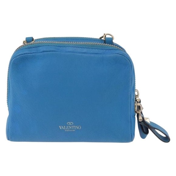VALENTINO Chain Shoulder Bag Leather Blue Gold Auth bs33850