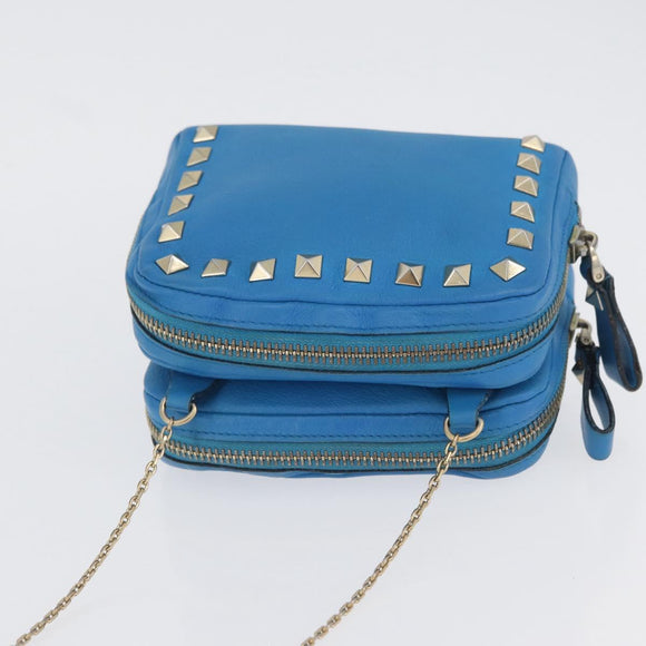 VALENTINO Chain Shoulder Bag Leather Blue Gold Auth bs33850