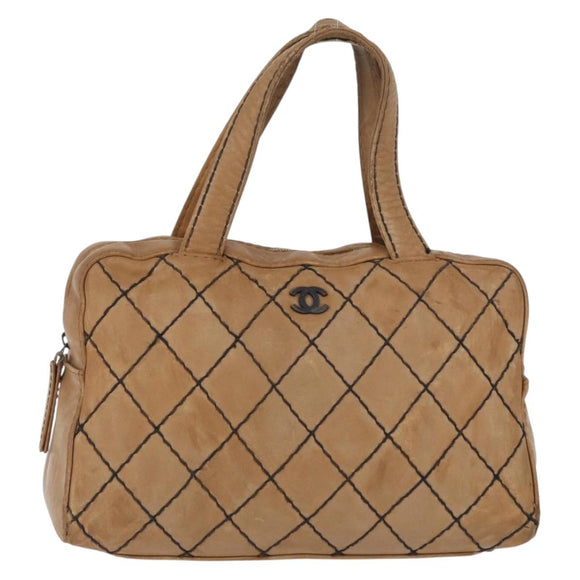 CHANEL Wild Stitch Hand Bag Leather Beige CC Auth bs33863