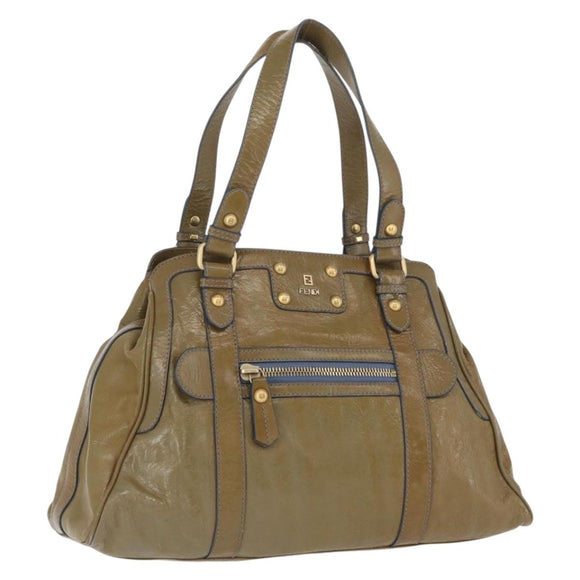 FENDI Hand Bag Patent leather Khaki Gold Auth bs33869