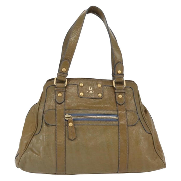 FENDI Hand Bag Patent leather Khaki Gold Auth bs33869