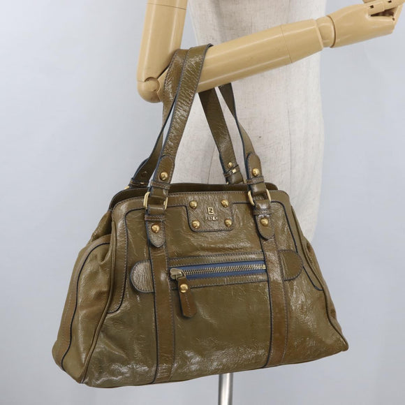 FENDI Hand Bag Patent leather Khaki Gold Auth bs33869