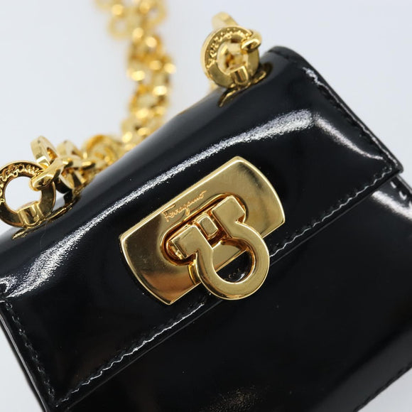 Salvatore Ferragamo Pouch Gancini Bag Patent leather Black Gold Auth bs33884