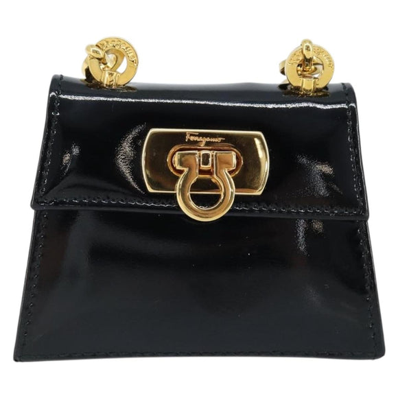 Salvatore Ferragamo Pouch Gancini Bag Patent leather Black Gold Auth bs33884