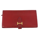 HERMES Wallet Leather 2 Set Brown Red Auth bs33891-2