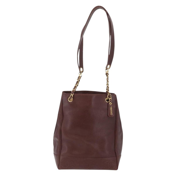 CHANEL Shoulder Bag Caviar Skin Brown Gold CC Auth bs33895