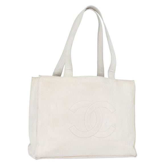 CHANEL Tote Bag Caviar Skin White Gold CC Auth bs33899