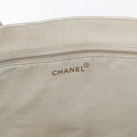 CHANEL Tote Bag Caviar Skin White Gold CC Auth bs33899
