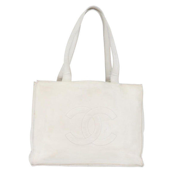 CHANEL Tote Bag Caviar Skin White Gold CC Auth bs33899