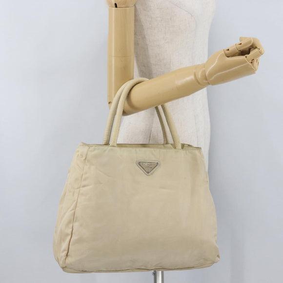 PRADA Handtas Nylon Zilver Beige Auth bs33932
