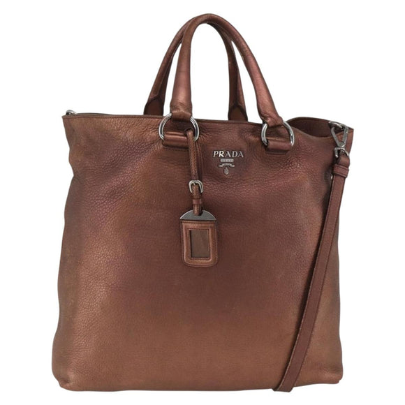 PRADA Hand Bag Leather 2way Bronze Silver Auth bs33982