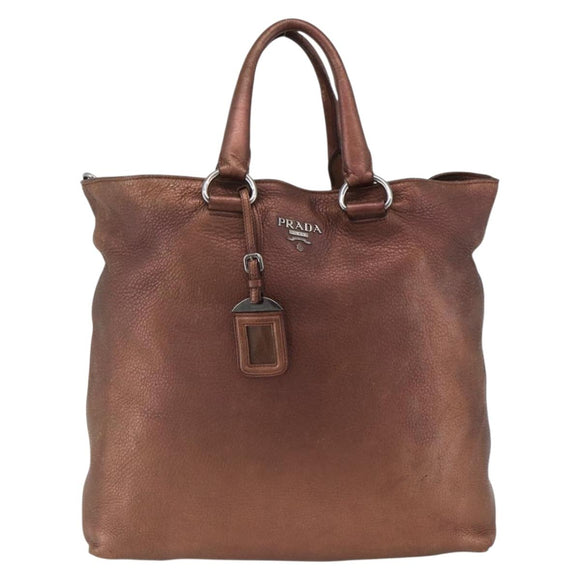 PRADA Hand Bag Leather 2way Bronze Silver Auth bs33982
