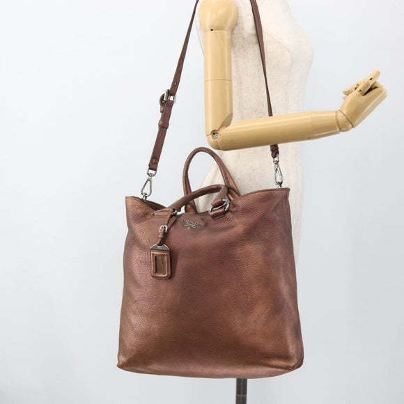 PRADA Hand Bag Leather 2way Bronze Silver Auth bs33982