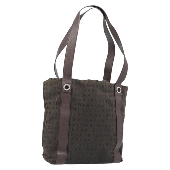 BVLGARI Shoulder Bag Canvas Brown Silver Auth bs33988