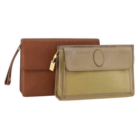 SAINT LAURENT Clutch Bag Leather 2 Set Brown CC Auth bs34000