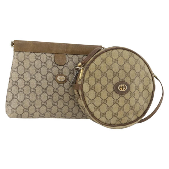 GUCCI GG Supreme Shoulder Bag Leather 2 Set Brown Auth bs34006