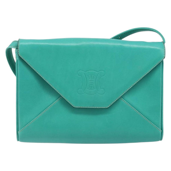 CELINE Shoulder Bag Leather Gold Emerald Green Auth bs34009