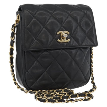 CHANEL Matelasse Chain Shoulder Bag Lamb Skin Black Gold CC Auth bs34036