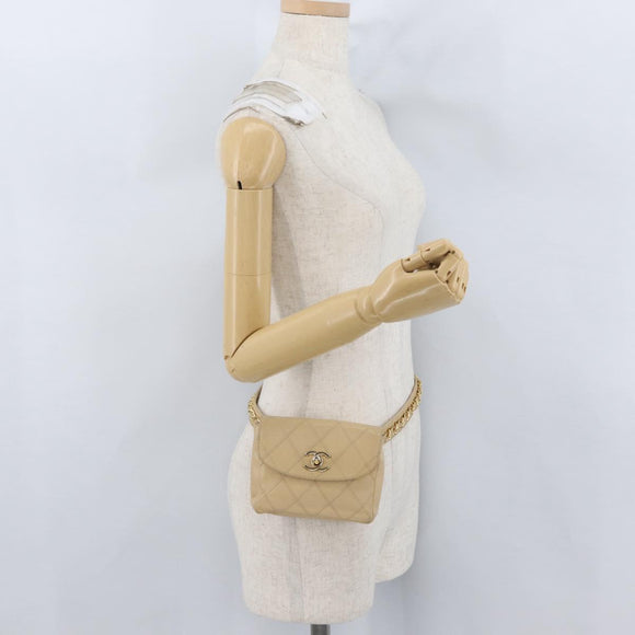 CHANEL Waist bag Lamb Skin Beige Gold CC Auth bs34038