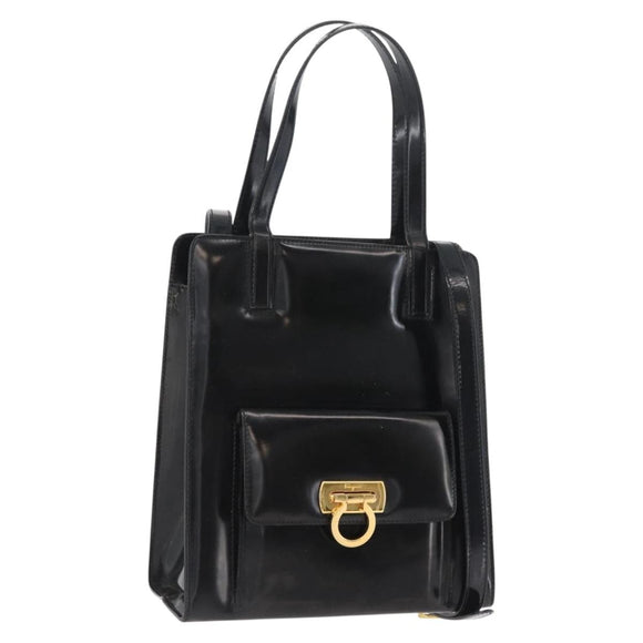 Salvatore Ferragamo Gancini Handtasche Lackleder 2-Wege Schwarz Gold Auth bs34043