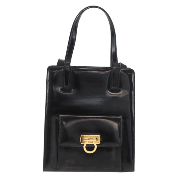 Salvatore Ferragamo Gancini Handtasche Lackleder 2-Wege Schwarz Gold Auth bs34043