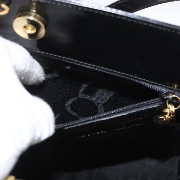 Salvatore Ferragamo Gancini Handtasche Lackleder 2-Wege Schwarz Gold Auth bs34043