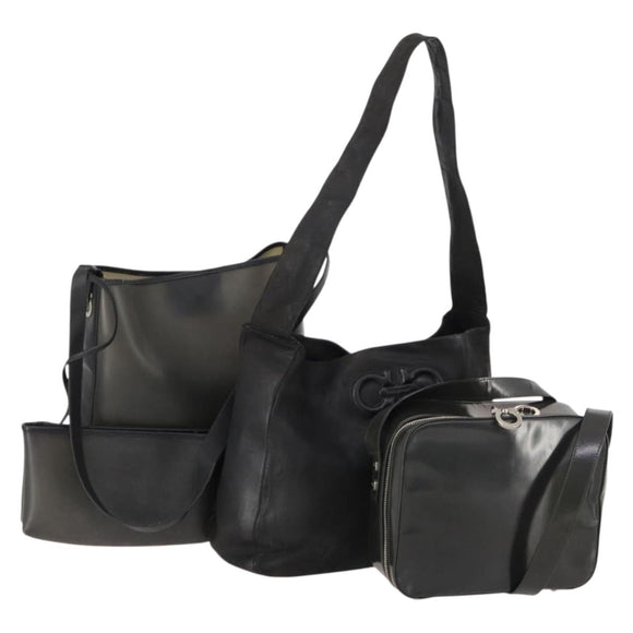 Salvatore Ferragamo Hand Bag Leather 3 Set Black Auth bs34044