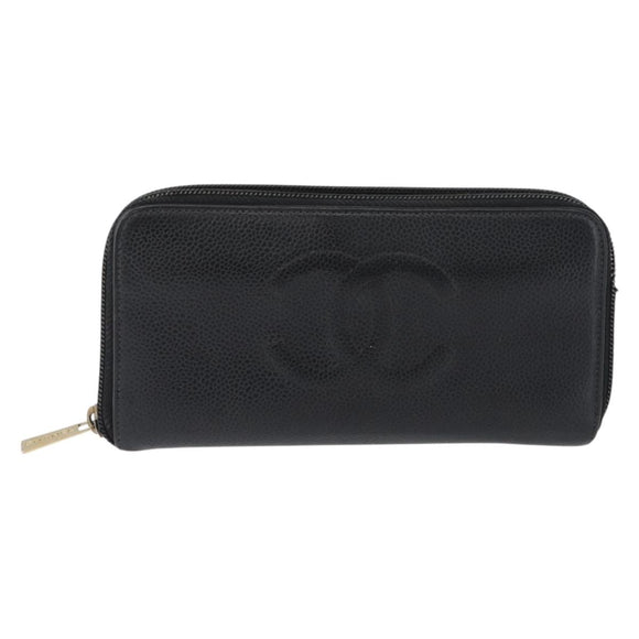 CHANEL Wallet Caviar Skin 2 Set Black Beige CC Auth bs34047