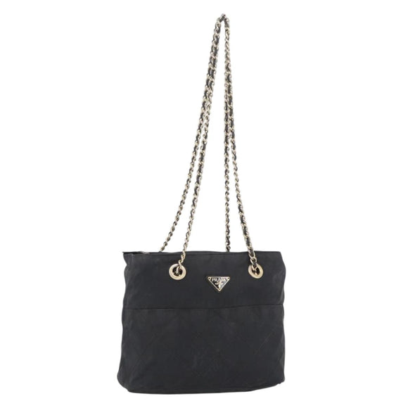 PRADA Chain Shoulder Bag Nylon Black Gold Auth bs34051
