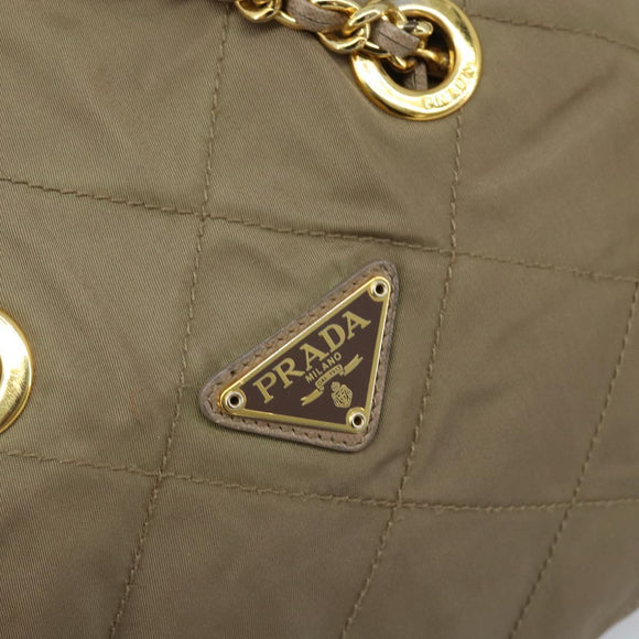 PRADA Schoudertas met kettingband Nylon Beige Goud Auth bs34053