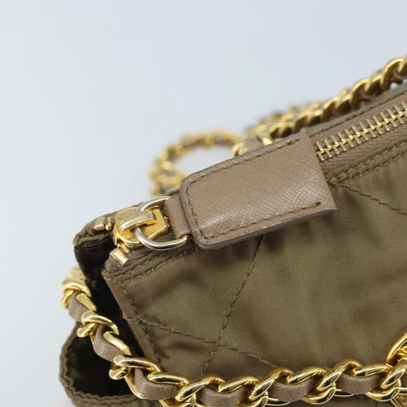 PRADA Schoudertas met kettingband Nylon Beige Goud Auth bs34053