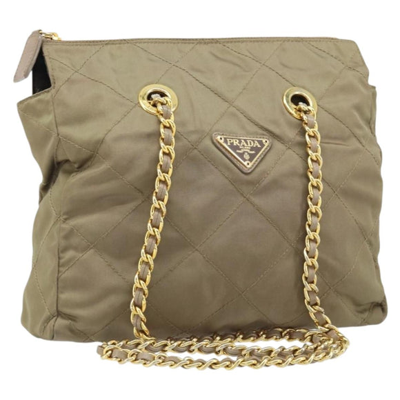 PRADA Schoudertas met kettingband Nylon Beige Goud Auth bs34053
