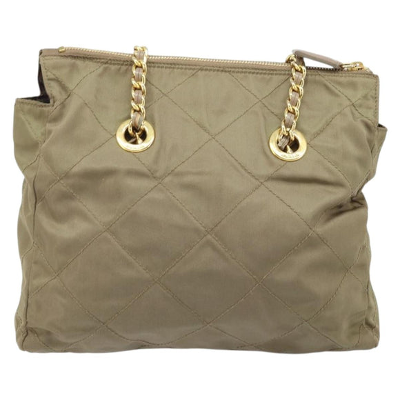 PRADA Schoudertas met kettingband Nylon Beige Goud Auth bs34053