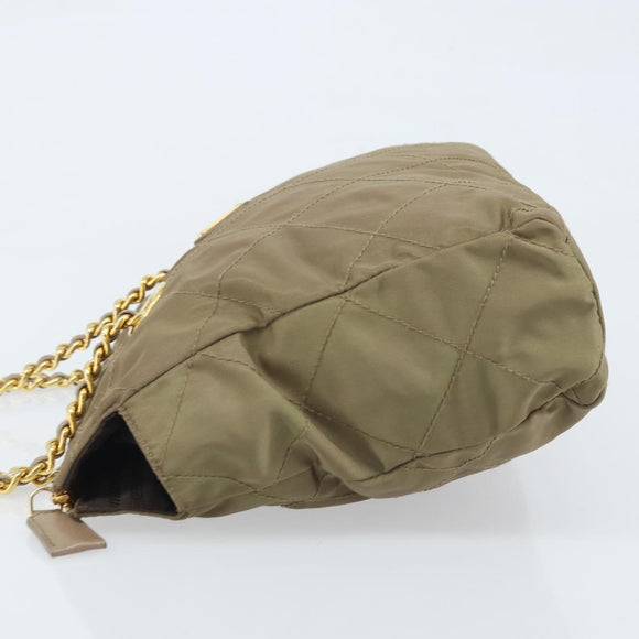 PRADA Schoudertas met kettingband Nylon Beige Goud Auth bs34053