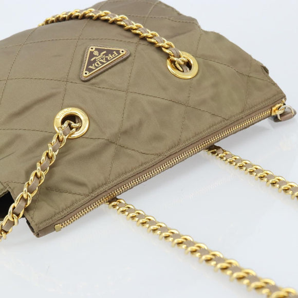 PRADA Schoudertas met kettingband Nylon Beige Goud Auth bs34053