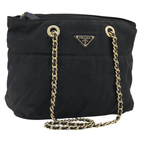 PRADA Umhängetasche Kette Nylon Gold Schwarz Auth bs34054