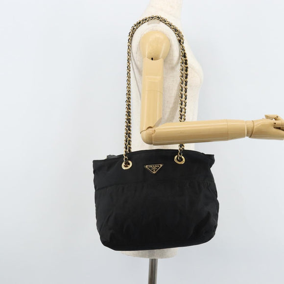 PRADA Umhängetasche Kette Nylon Gold Schwarz Auth bs34054