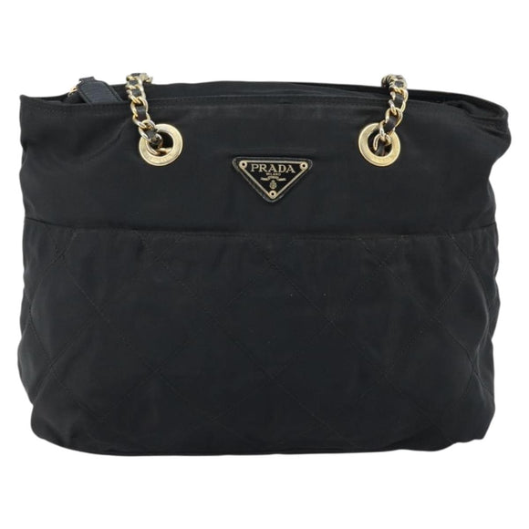 PRADA Umhängetasche Kette Nylon Gold Schwarz Auth bs34054