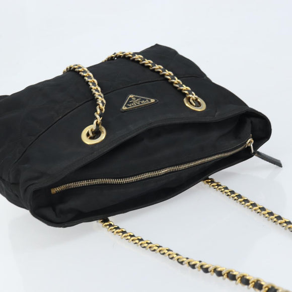 PRADA Umhängetasche Kette Nylon Gold Schwarz Auth bs34054