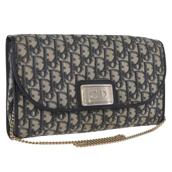 Christian Dior Trotter Canvas Chain Shoulder Bag Navy Gold Auth bs34064