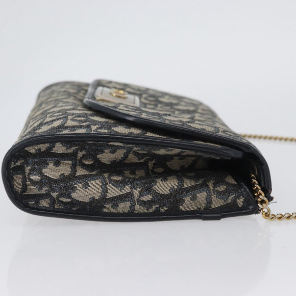 Christian Dior Trotter Canvas Chain Shoulder Bag Navy Gold Auth bs34064