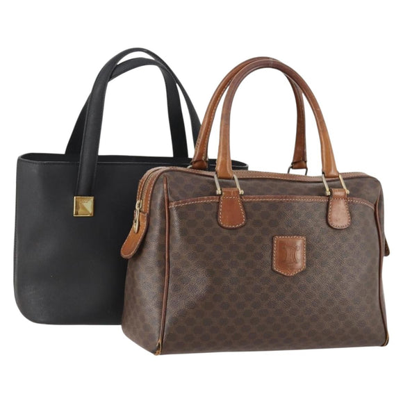CELINE Macadam Canvas Hand Bag PVC Leather 2 Set Brown Navy Auth bs34088