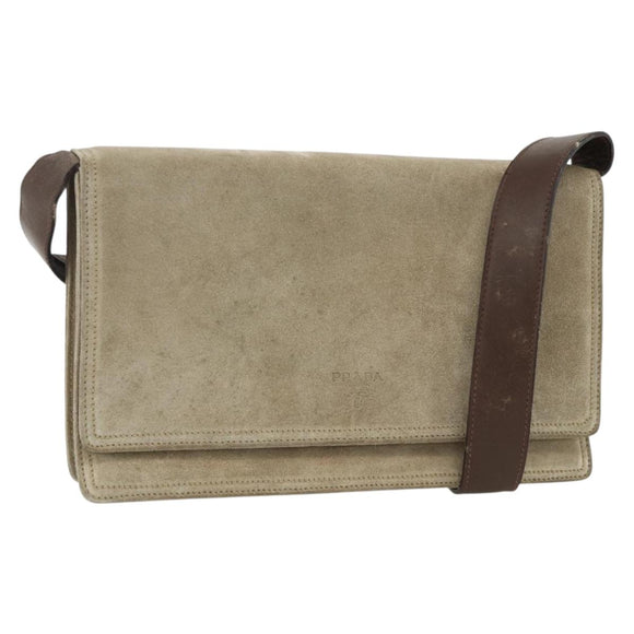 PRADA Shoulder Bag Suede Beige Silver Auth bs34098