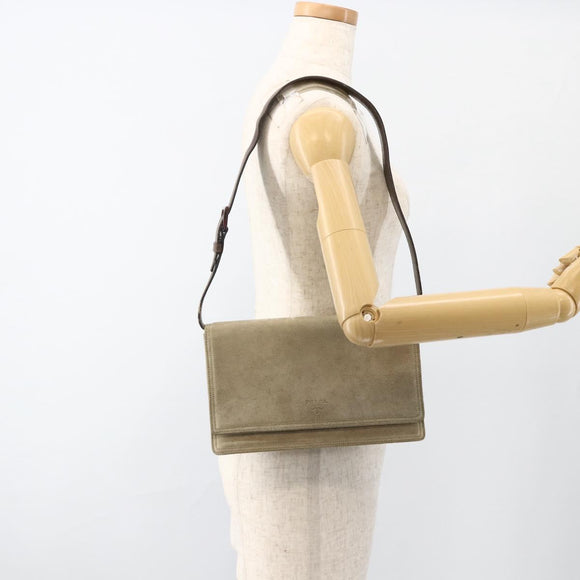 PRADA Shoulder Bag Suede Beige Silver Auth bs34098