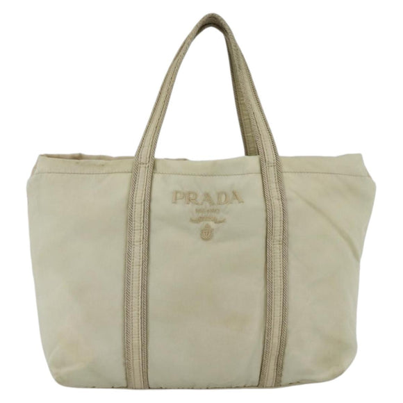 PRADA Hand Bag Nylon Beige Silver Auth bs34100