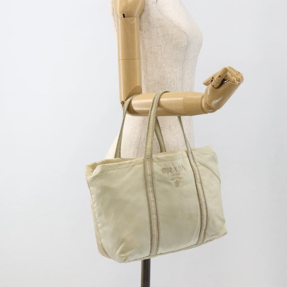 PRADA Hand Bag Nylon Beige Silver Auth bs34100