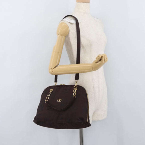 VALENTINO Chain Hand Bag Nylon 2way Bordeaux Gold Auth bs34111